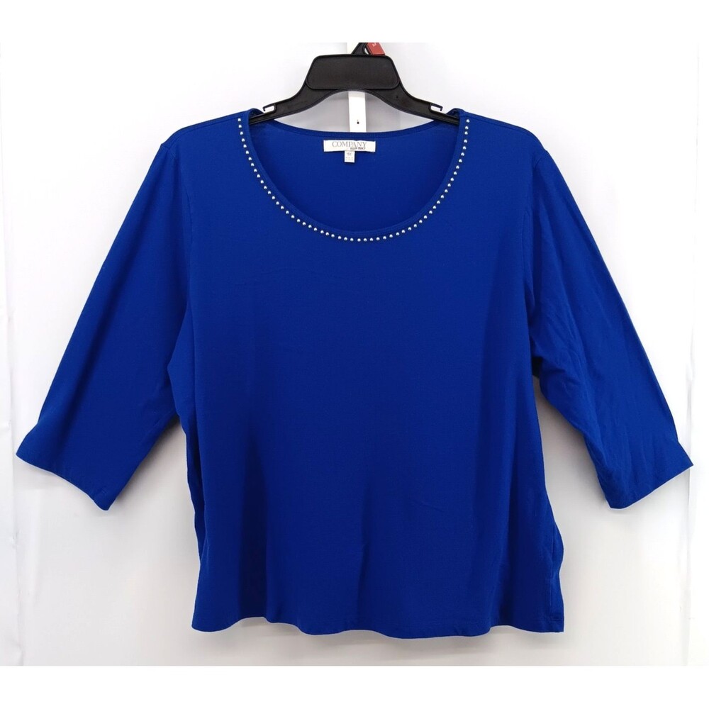 Ellen Tracy Shirt Womens Plus Size 1X Blue 3/4 Sleeve Beaded Scoop Neck Top